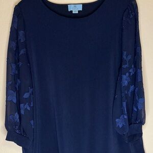 Elegant Navy Blue Dress with Sheer Sleeves‎